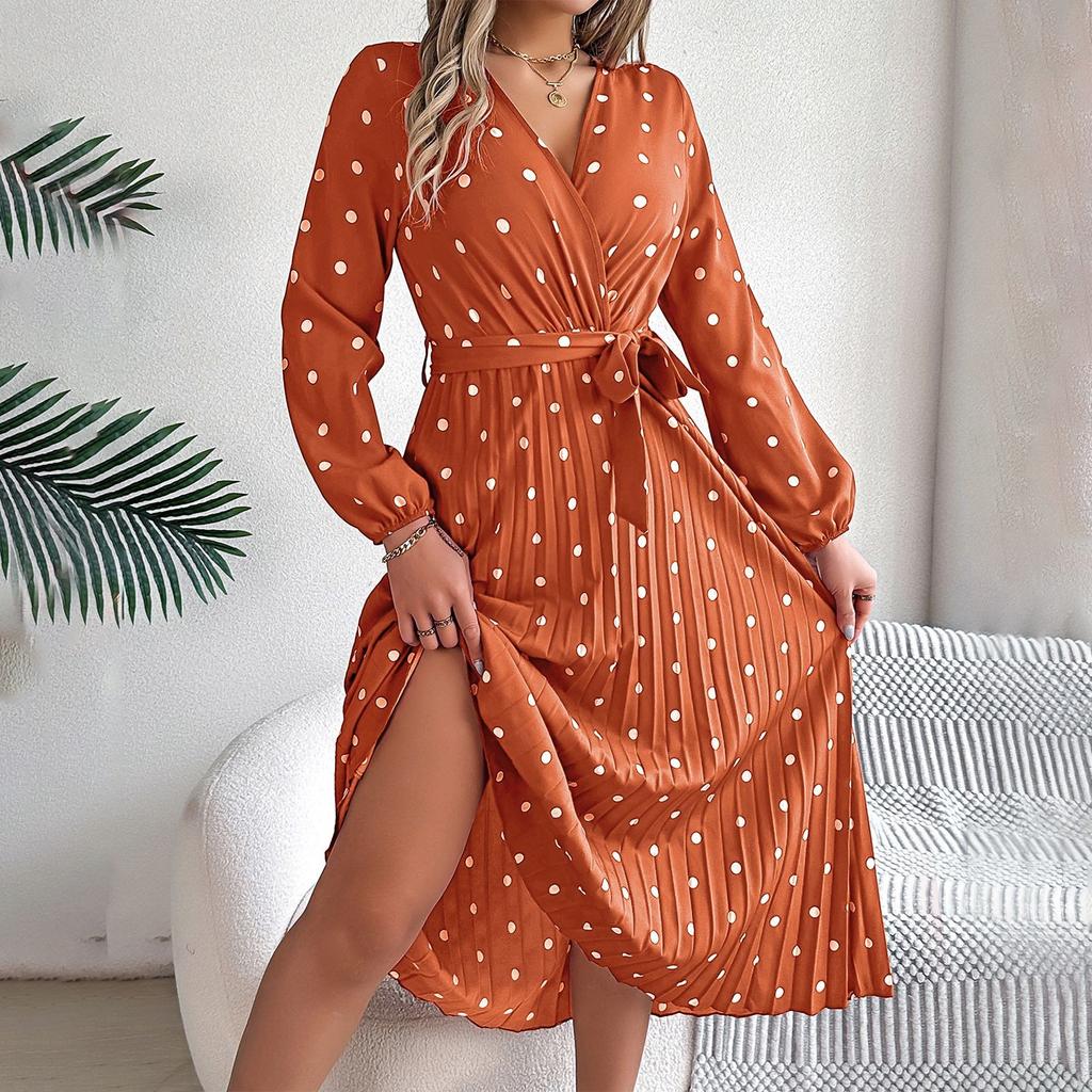 Женское модное элегантное плиссированное длинное платье в горошек с крестом и V-образным вырезом с длинными рукавами и галстуком