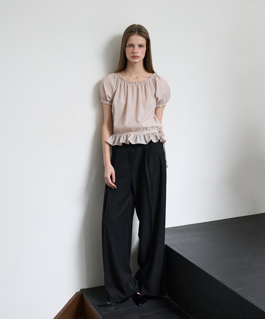 DEHEVE Frill Puff Crop Blouse [Pink]