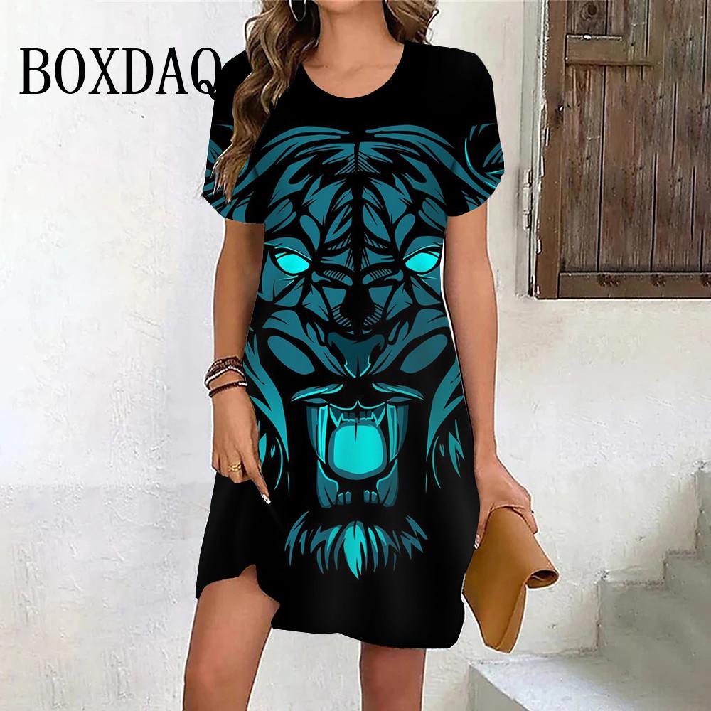 Модное женское платье с 3D-принтом и рисунком животного тигра, новое летнее платье с круглым вырезом и коротким рукавом, повседневное уличное мини-платье большого размера 6XL