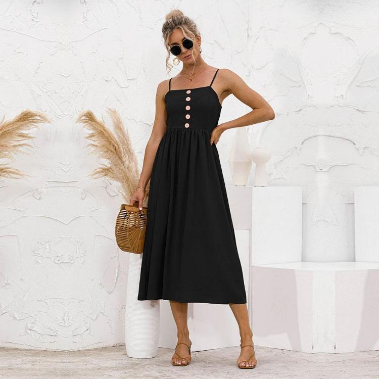 Женское летнее длинное платье однотонного цвета А-силуэта на тонких бретельках без рукавов с высокой талией и пуговицами, повседневное, милое, S-XL