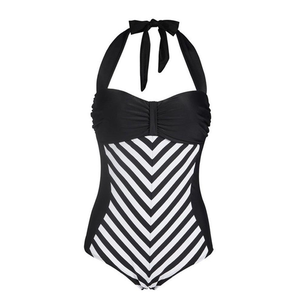 Elegant Plus Size Racy Black Halter Low Cut Beachsuit For Striped Swimwear Women