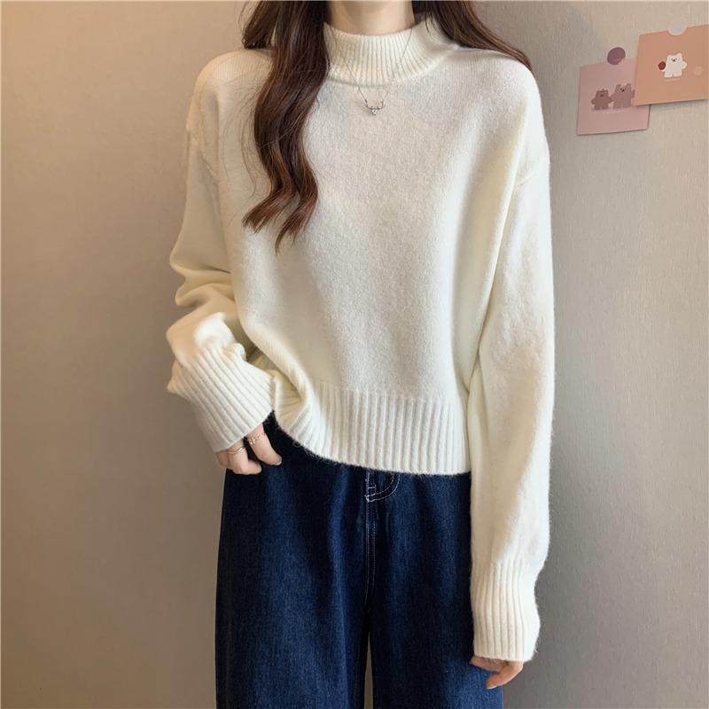 Корейский однотонный свитер с полувысокой горловиной для женщин, короткий модный повседневный трикотаж с однотонным пуловером внутри для осени и зимы