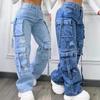 European & American Plus Size High Waist Multi-Pocket Denim Pants for Women
