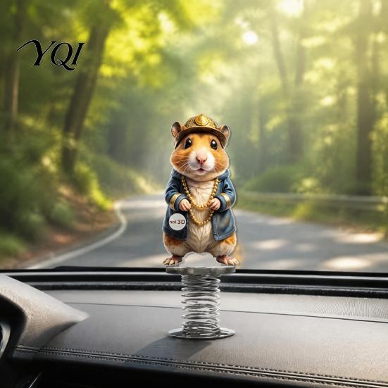 Cartoon Animal Dashboard Ornament Cute Rat Car Ornament, Funny Decoration with Gold Beads Chain, 2D Spring Bobblehead Flat Acrylic Hamster Self