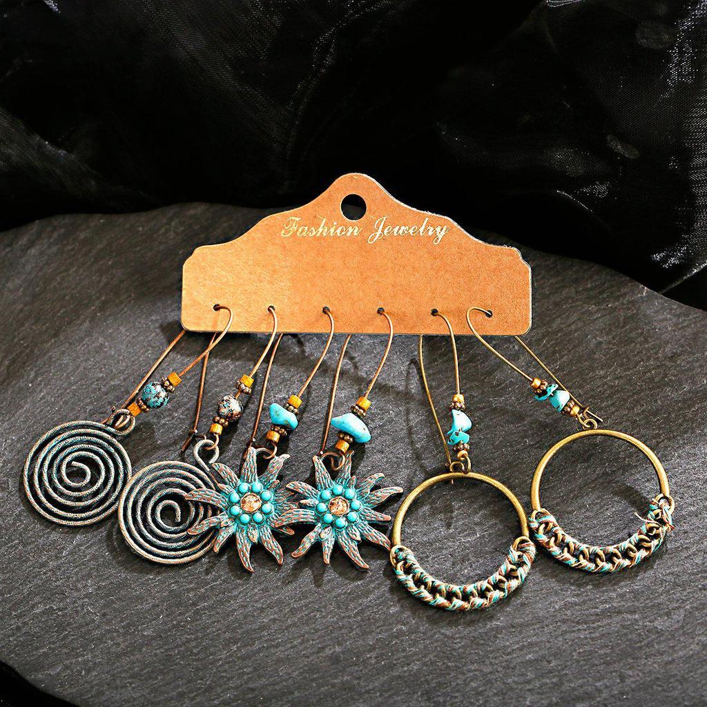 Bohemian Ethnic Retro Earring Set: 3-Piece Hanfu & Nepal Style for Women