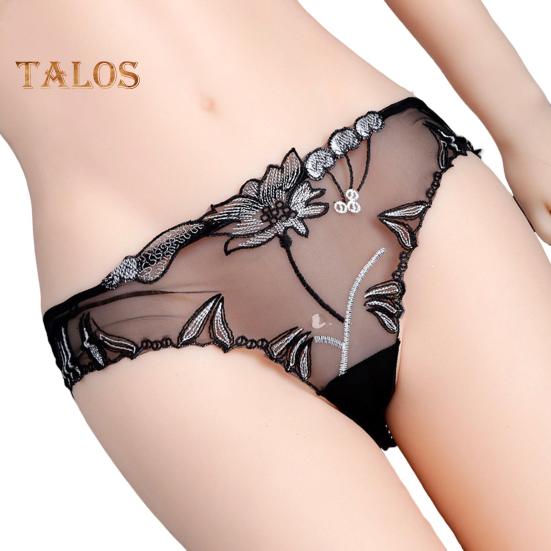 Women's Sexy Lace Thongs See Through Mesh Sheer Panties Floral Embroidered Low-Waist Underwear Ultra-Thin Ladies Briefs