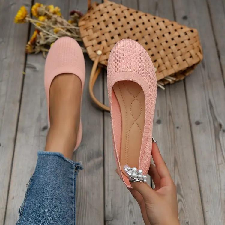 Fashion Round Toe Flats for Women Comfortable Knit Ballet Flat Shoes Casual Slip On Shallow Shoes Office Boat Shoes Plus Size Moccasins