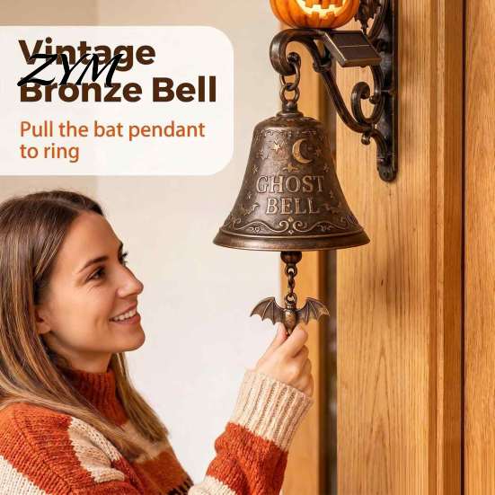 Illuminated Porch Hanging Halloween Light Up Ghost Pumpkin Doorbell, Vintage Resin Wall Bell with Spooky Yard Accessories Warm Glowing, Battery