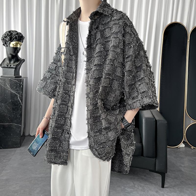 2025 Лето Мужские Корейские Полосатые Рубашки С Принтом В Клетку Мужская Мода Harajuku Повседневная Рубашка Оверсайз Мужская Уличная Одежда