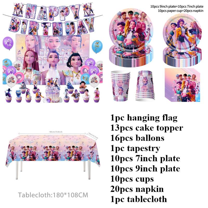 Kpop Birthday Party Decoration Tableware Set Birthday Party Supplies Balloons Cake Topper Hanging Flag Cups K-pop Party Decor