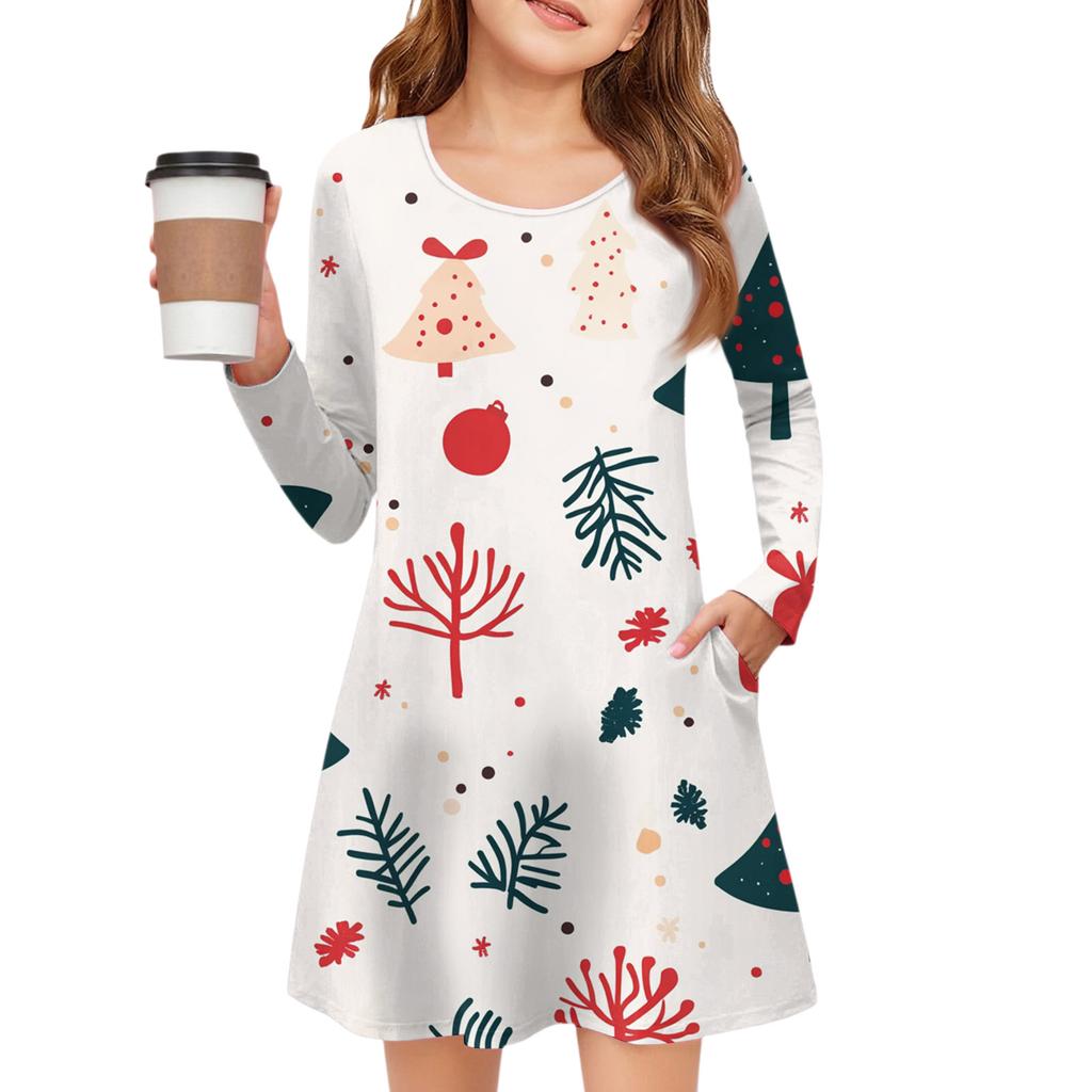 Christmas Day Girls' Long Sleeve Dress - Color Pocket Dress