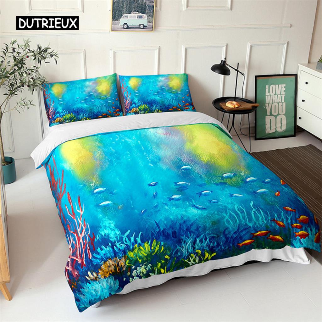 Комплект постельного белья Ocean с изображением синих морских рыб и 3D-принтом для детей. Мягкий полиэстеровый чехол для одеяла Queen King с изображением северного океана