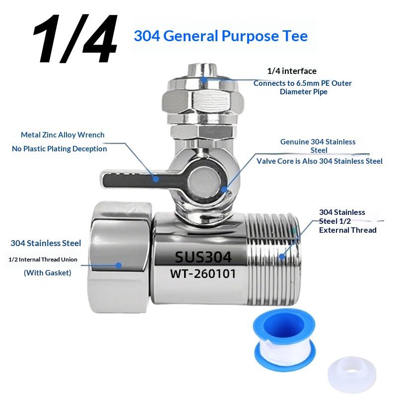 Sliver RO Feed Water Adapter 1/2 to 1/4 3/8 Shut Off Ball Valve Corrosion Resistant for Kitchen Under Sink Water Filter