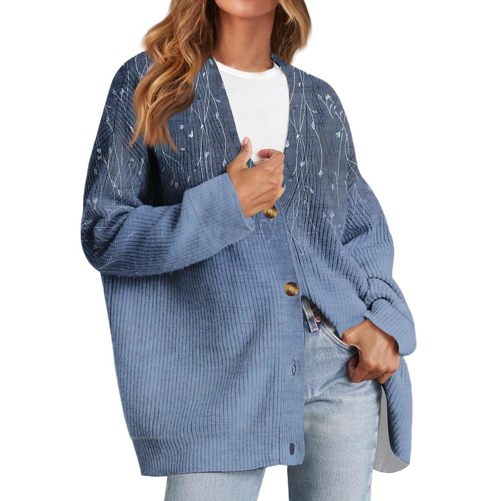 Women's Fashion Long Sleeve Print V-Neck Button Loose Cardigan Top