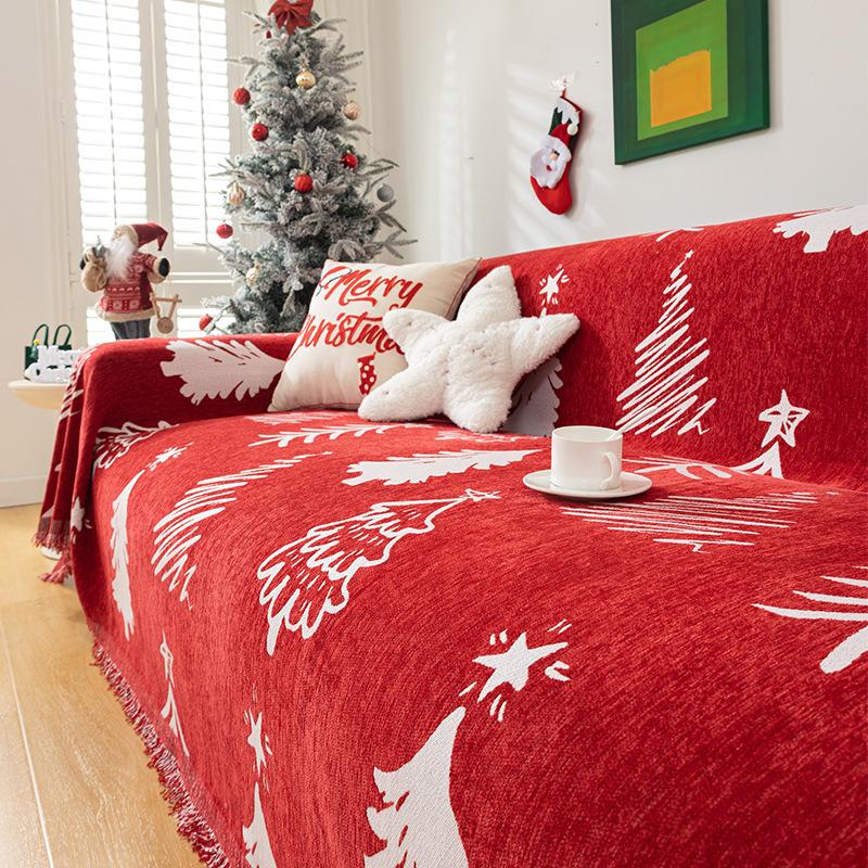 1pc AB Double-sided Available Christmas Sofa Towel Comfortable Cozy Tree Pattern Sofa Cover Towel Holiday Living Room Decoration