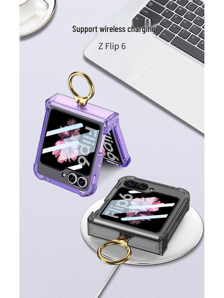Чехол для Samsung Galaxy Z Flip 6: Вал подушки безопасности, Полностью закрывающий корпус, Прозрачная пленка, Держатель-кольцо