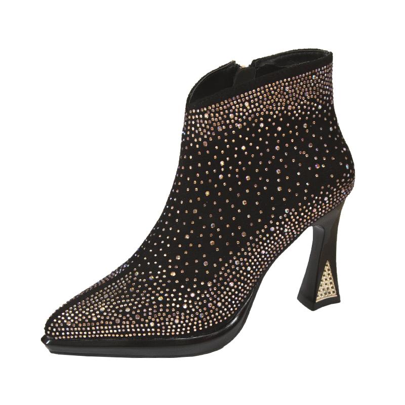 Модные зимние роскошные брендовые ботильоны женские ботильоны с острым носком на высоком каблуке на платформе однотонные туфли с кристаллами Botas Mujer