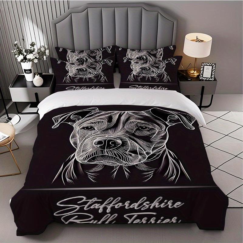 3PCS Bull Terrier Bedding Set Black White Line Drawing Duvet Cover With Pillowcase No Insert Queen Size Minimalist Room Decor