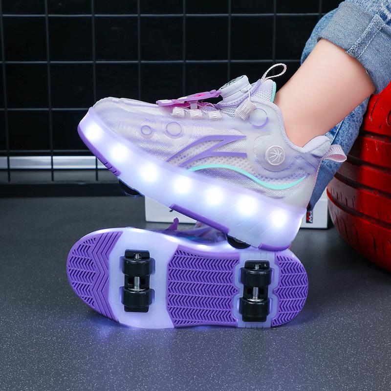 Четырехколесные новые сетчатые светодиодные прогулочные туфли с вращающейся кнопкой детские роликовые коньки обувь для девочек прогулочные туфли для мальчиков