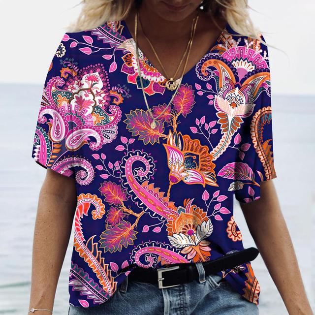 Винтажный топ с принтом, женская уличная одежда с короткими рукавами, летняя футболка, женская модная повседневная футболка с v-образным вырезом, женская одежда большого размера Y2k