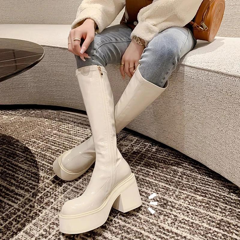 Мода Панк-стиль Высокий каблук Женские сапоги до колена Модные элегантные лакированные туфли Осень-зима Женские длинные сапоги Morder