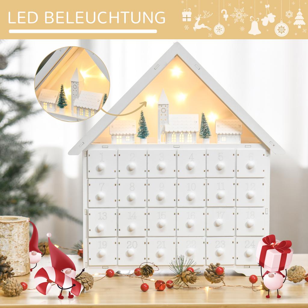 Advent calendar Christmas decoration Christmas decor, 24 drawers, LED lights, 39 cm x 9 cm x 42 cm, white + green