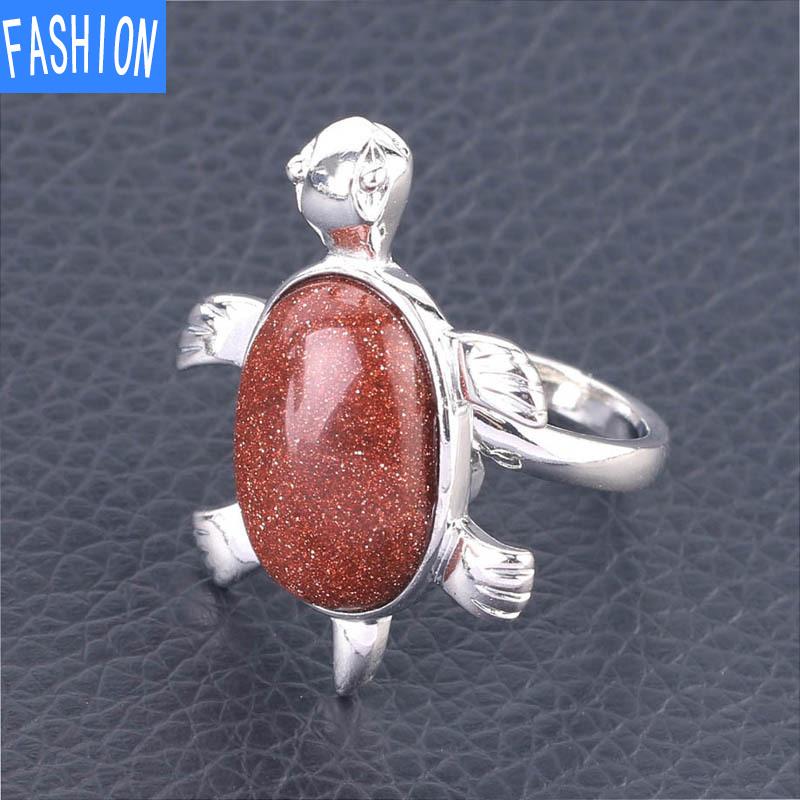 Симпатичное кольцо с натуральным кристаллом и черепахой, регулируемое открывающееся кольцо для женщин