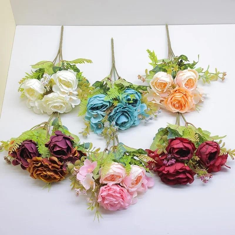 Винтажный европейский букет из искусственных цветов с шелковыми розами и гортензией макрофиллой для свадебного декора и домашнего стайлинга