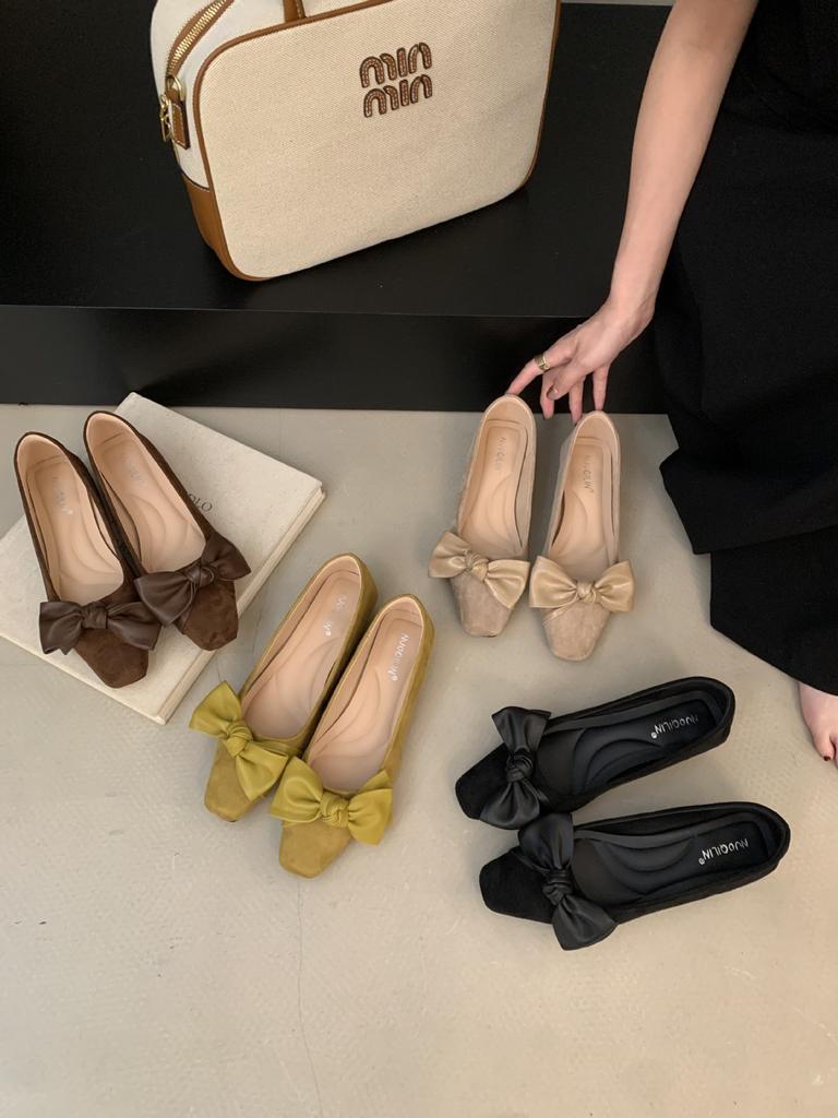 Французский вечерний ветер бант замша квадратный носок легкий рот туфли на одной педали для работы не уставшие ноги маленькие одинарные туфли женские