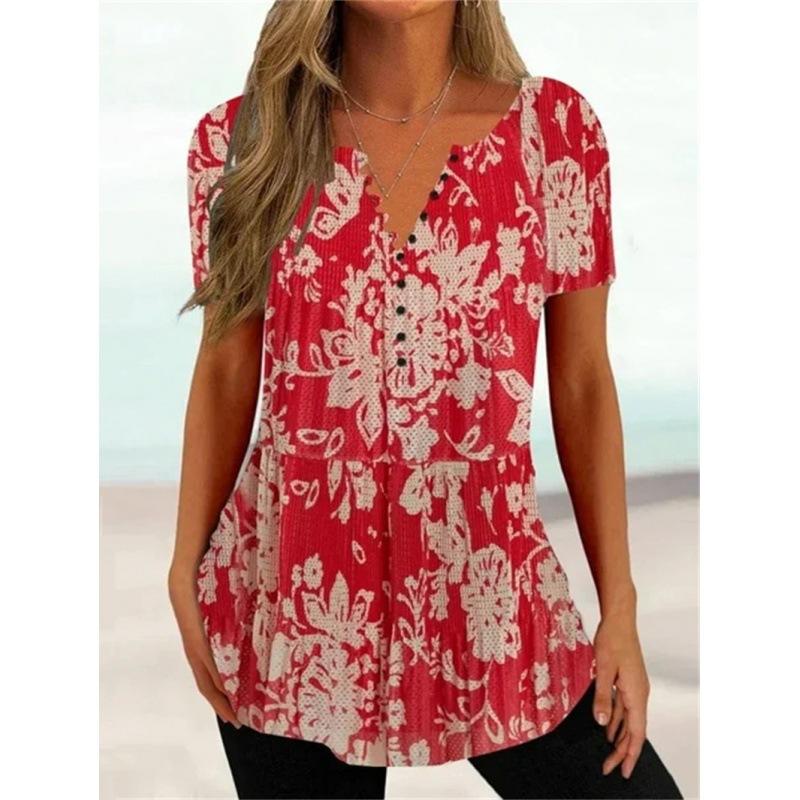 Trendy And Cool Women's Summer Loose V-neck Pullover Short-sleeved Button Printed T-shirt