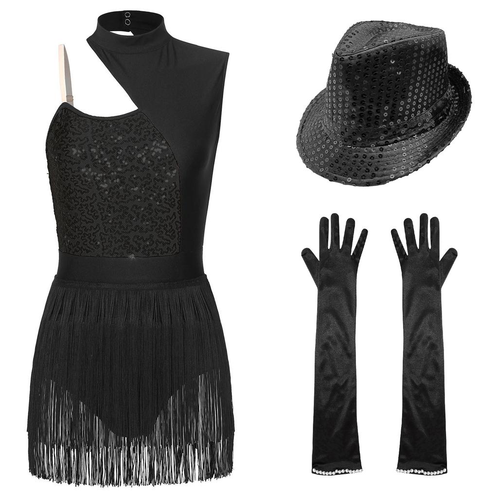 Womens Latin Jazz Dance Outfit Cutout Sleeveless Leotard Shiny Sequins Contrast Color Patchwork Fringed Bodysuit Gloves Hat