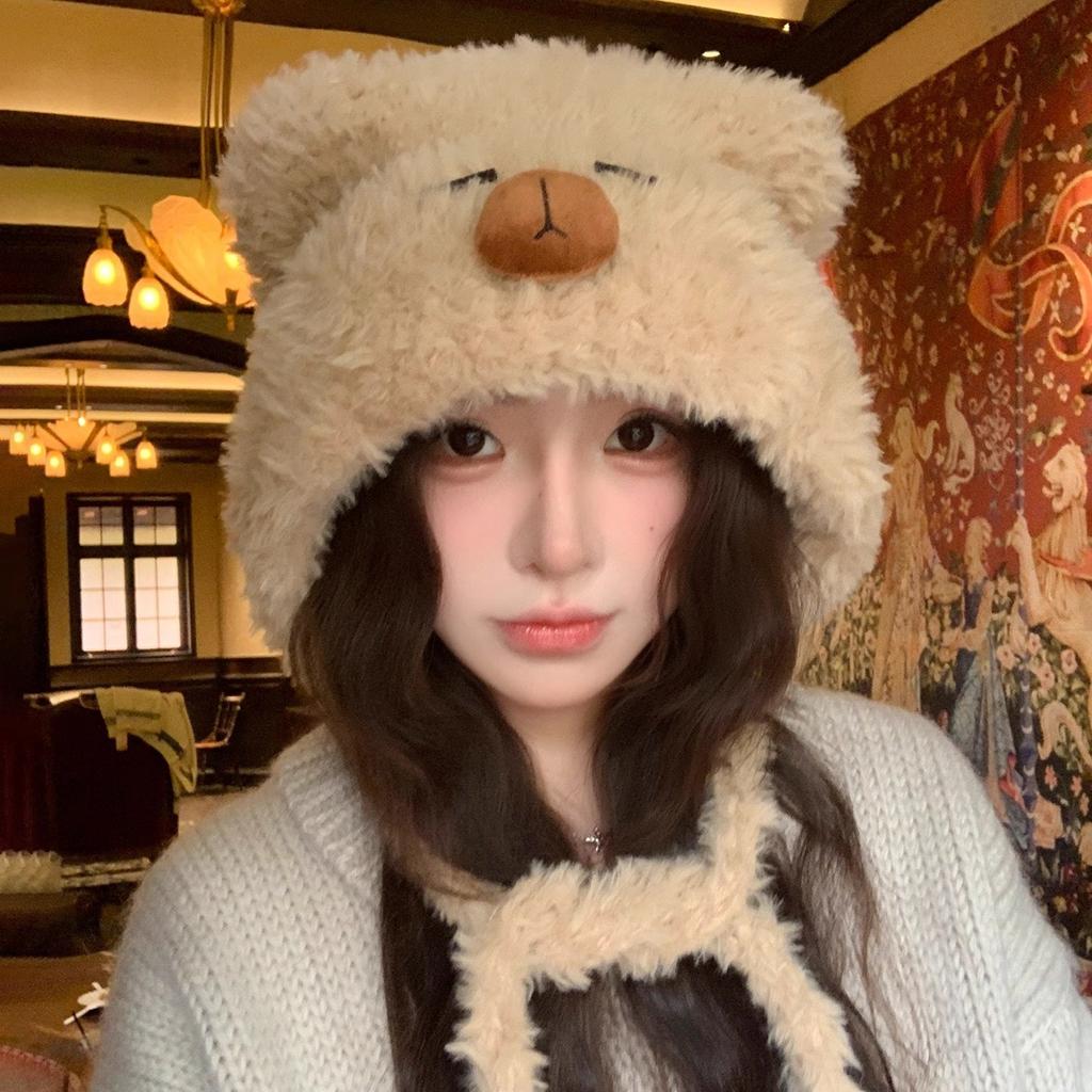 Cute Kapibara plush hat women's new season cold and warm, showing a small face and thickened ear protectors