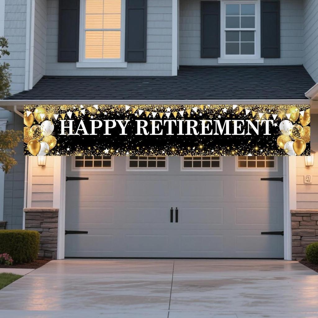 Black Gold Happy Retirement Banner for Women Man, Large Retirement Yard Sign for Porch/Fence/Lawn Decorations - Retire Party Supplies & Hanging Decor
