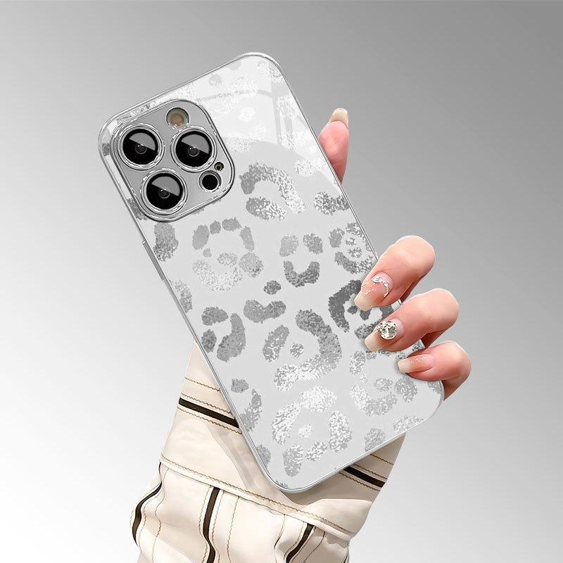 Серый чехол для телефона со стеклянным покрытием и принтом леопарда для iPhone 11 12 13 14 15 16 17 Pro Max 14 Plus 17 Air Посеребренная крышка