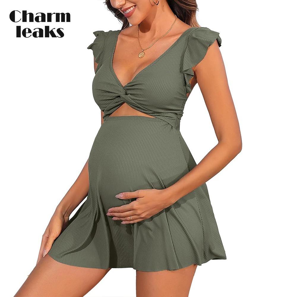 CHARMLEAKS Ruffle Ribbed Maternity Swimsuit One Piece Cutout Pregnancy Bathing Suits Push Up Twisted Swimwear Swim Dress