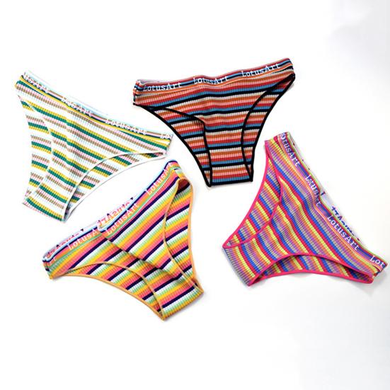 Lady Underpants Breathable Contrast Color Stripe Print Ribbing Textures Lady Underwear