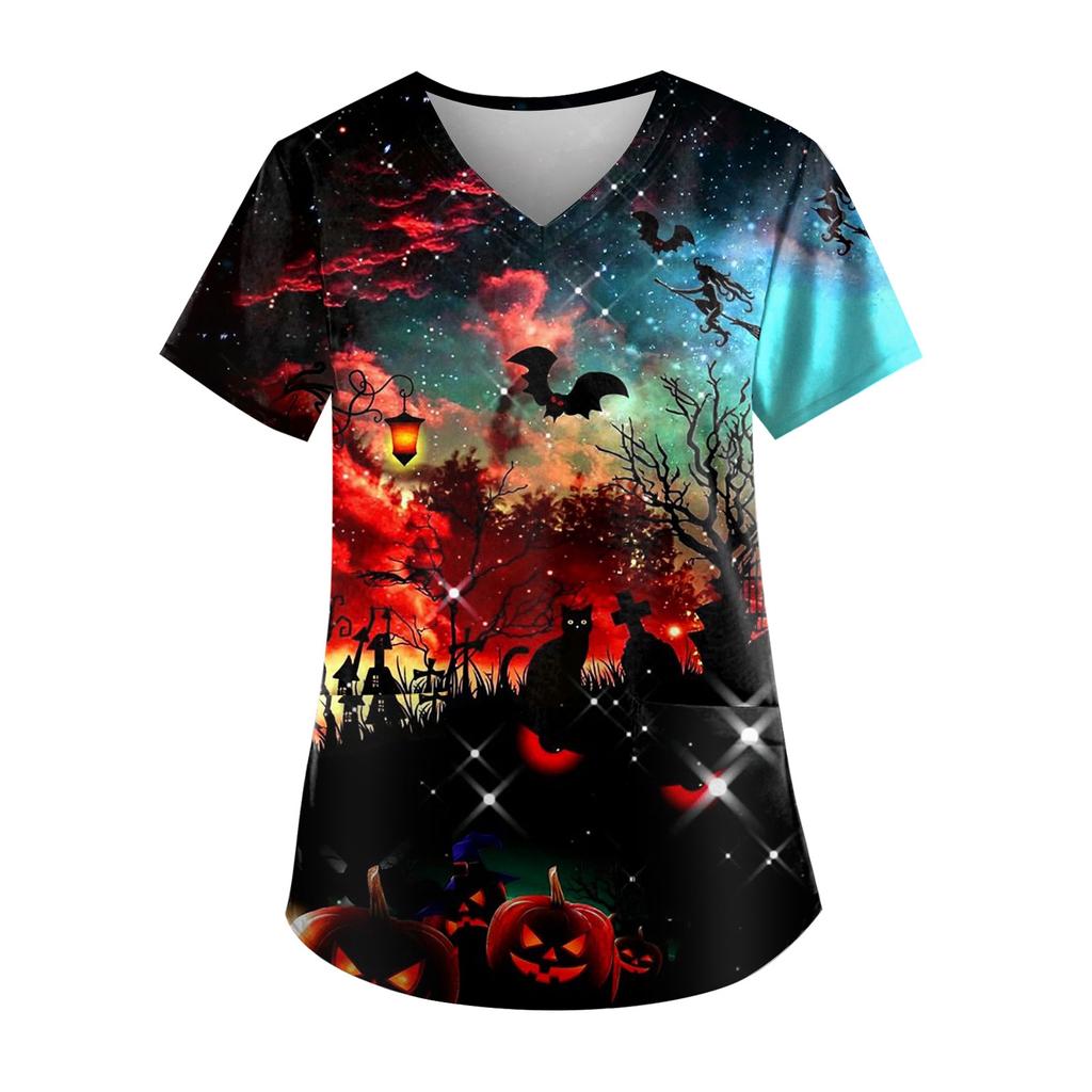 Плюс размер Хэллоуин печатная рабочая форма Топы для женщин футболки с v-образным вырезом и короткими рукавами рабочая одежда футболка с карманами