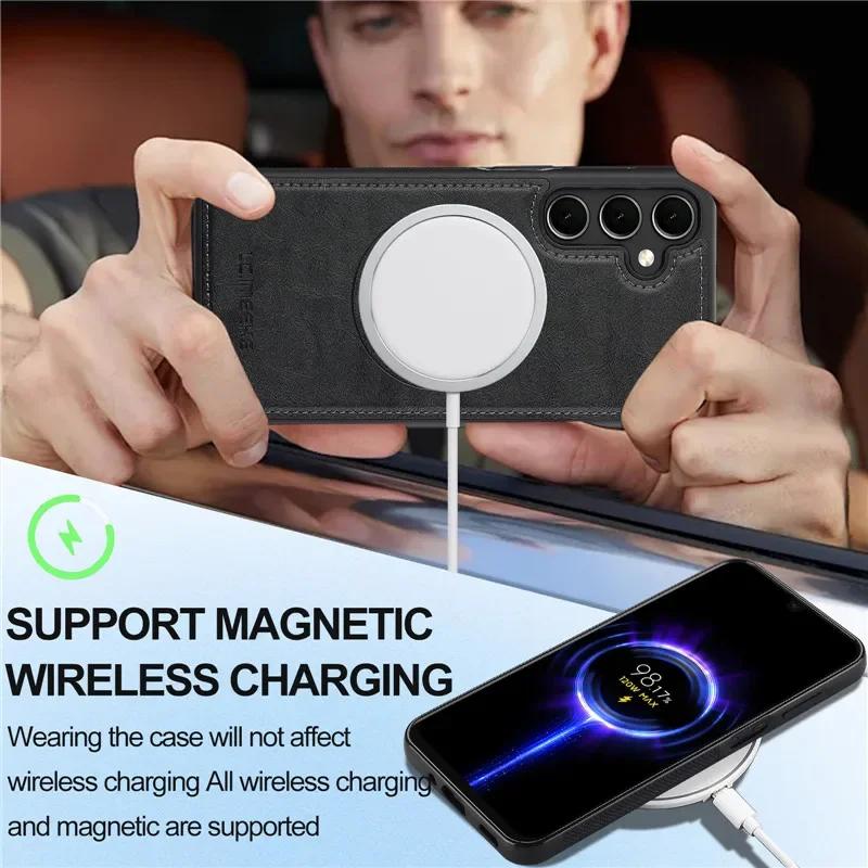 Кожаный чехол-книжка с магнитной застежкой Magsafe для Samsung Galaxy S25 FE S24 Ultra S23 S22 Plus S21 A17 5G A56 A36 A16 A55 A35 A15 A54 A14 с отделением для карт