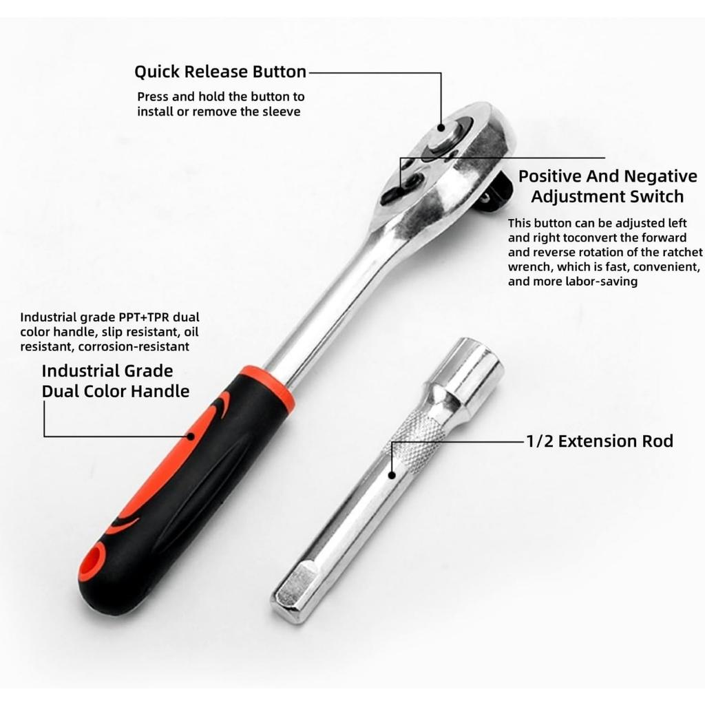 Metric SAE Mechanic Tool Kit,Ratchet Socket Wrench Set, Metric Socket Set with Quick Release Reversible Ratchet Wrench and Extension Bar, 12 Pcs