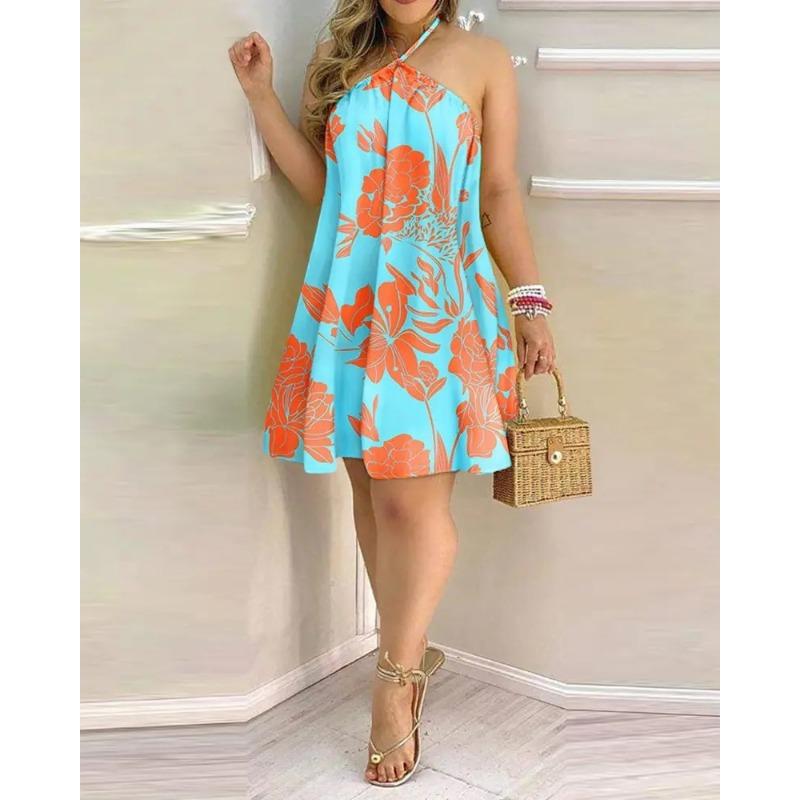 Summer Printed Strapless Hanging Neck Tie Loose Women's Dress
