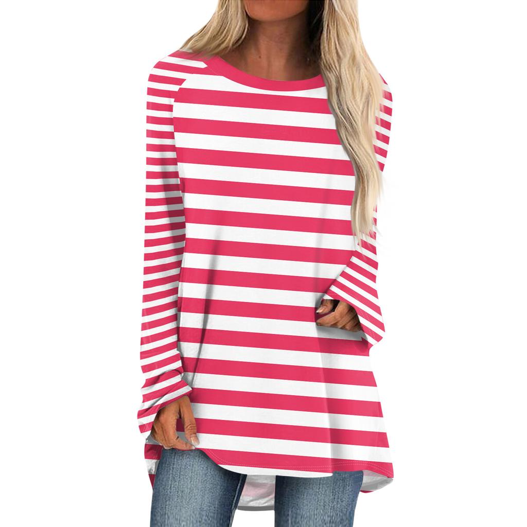 Женская мода повседневная спущенная линия плеча с длинным рукавом миди полосатый принт топ