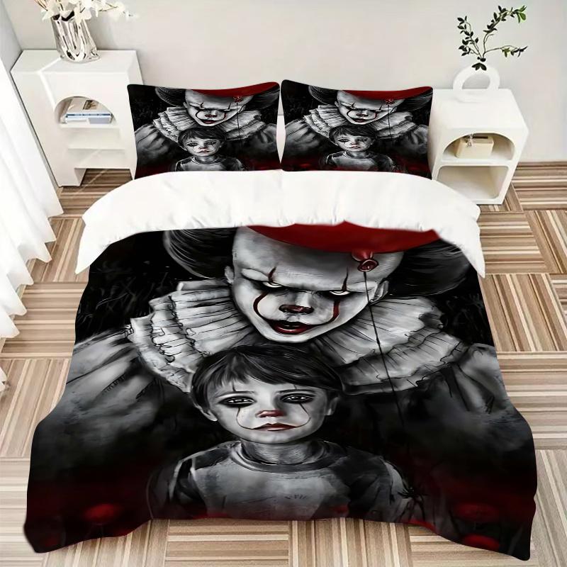 3pcs Creepy Clown Bedding Set, 1 Soft Quilt Cover + 2 Pillowcases, Machine Washable, Suitable for All Seasons