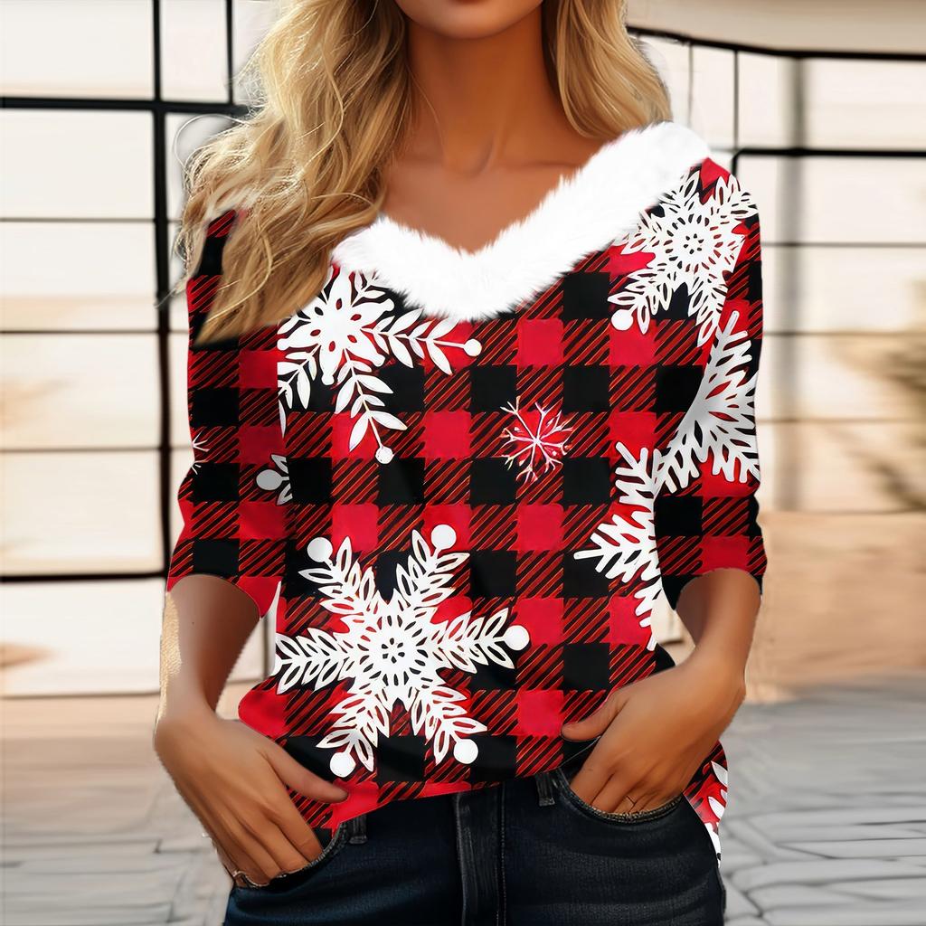 Женская мода с длинным рукавом и рождественским принтом, праздничный воротник, V-образный вырез