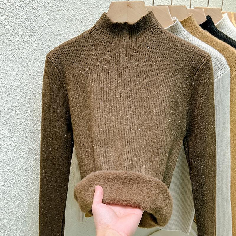 Новый женский стиль полуводолазки плюс пушистый свитер для зимней внутренней одежды, встроенная бархатная трикотажная рубашка с длинными рукавами
