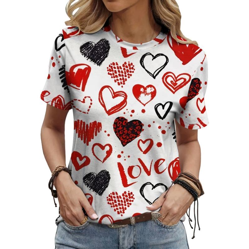 Valentine's Day Women's T-Shirt Love Heart Print Summer O Neck Short Sleeve Top Outdoor Casual T-Shirt Female Oversized Clothing