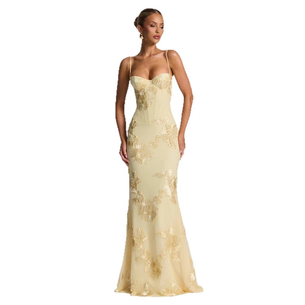 Женское strapless вышитое цветочное облегающее длинное платье Желтое вечернее платье