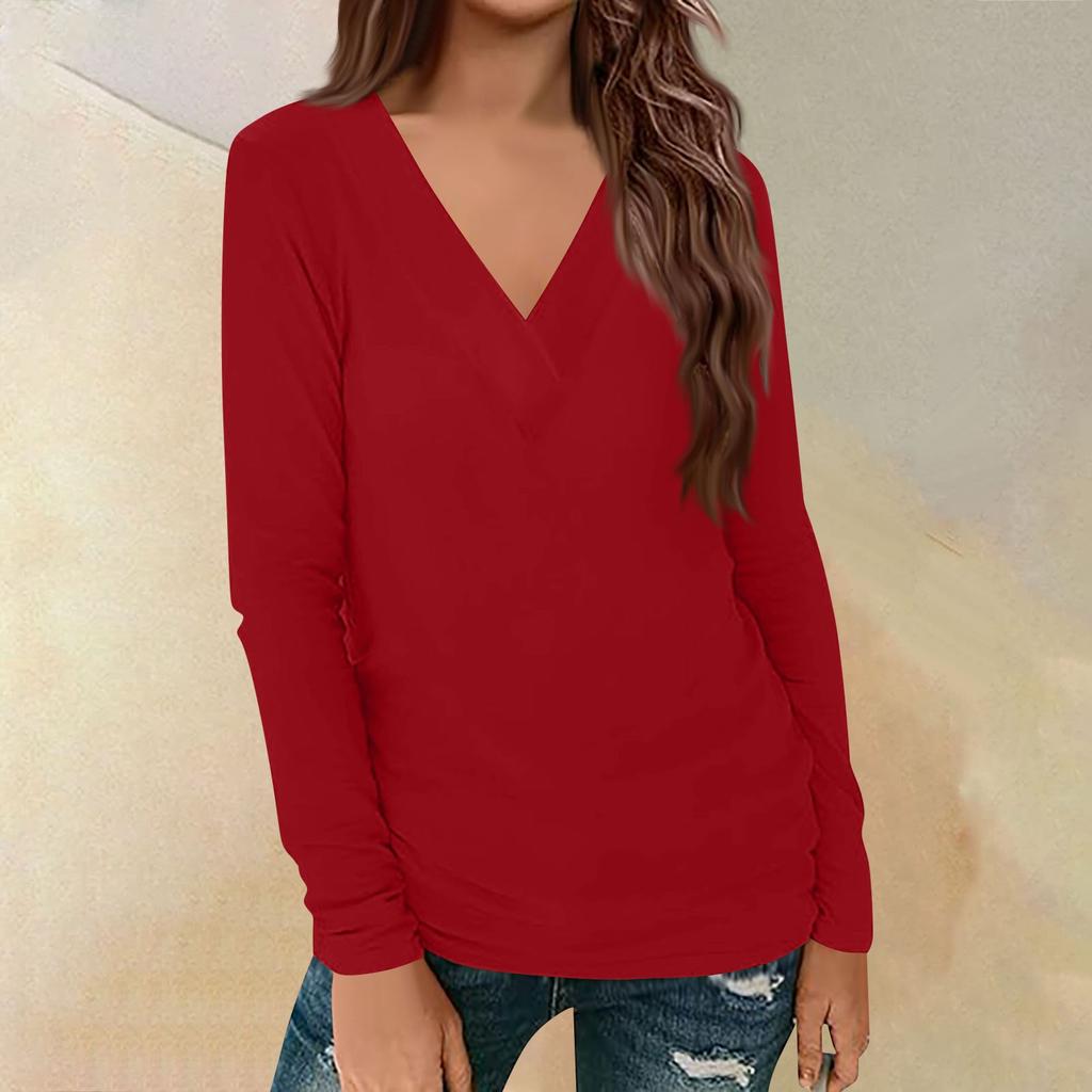 Женский повседневный однотонный принтованный длинный рукав свободный пуловер с V-образным вырезом