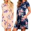 Summer Floral Printing Pocket Dress Summer Short Sleeve Slim Shirt Big Hem Short Skirt