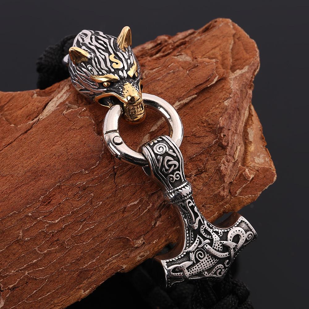 Нержавеющая сталь викинг голова волка молот Тора зонтик шнур браслет мужские ювелирные изделия 