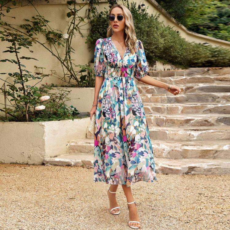 Women Summer Floral Dresses Fashion High Waist Wrapped V Neck Short Sleeve
